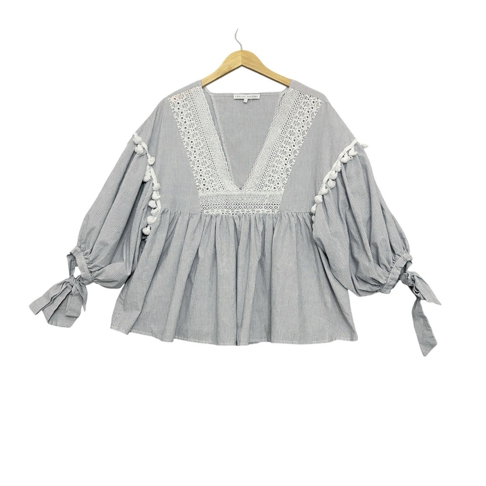 English Factory Babydoll Top Large Striped Puff Sleeve Tasseled Crochet Cottage